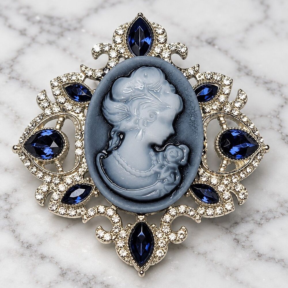 Vintage Style Victorian Cameo Brooch Pin Silver Tone Blue Rhinestone Statement